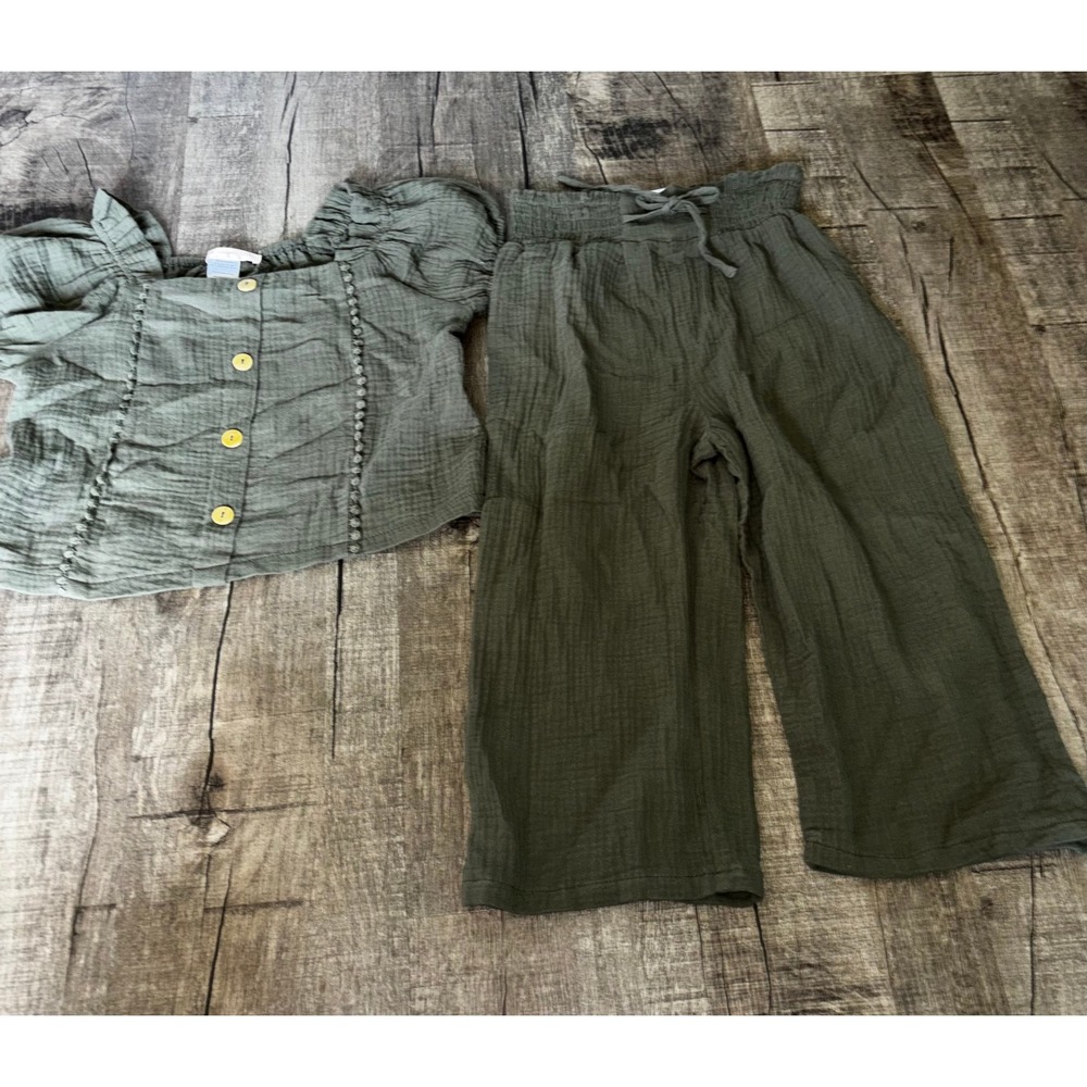 Love Squared Girls Olive Green Cotton Gauze 2 Piece Set Top & Pants Size 8